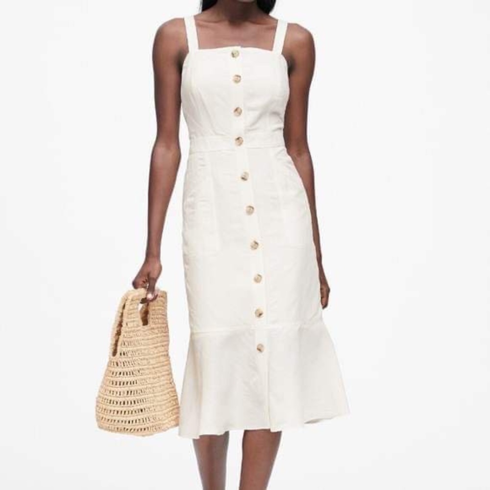 Banana Republic Linen Blend Off-White Ivory Button Front Dress Square Neck